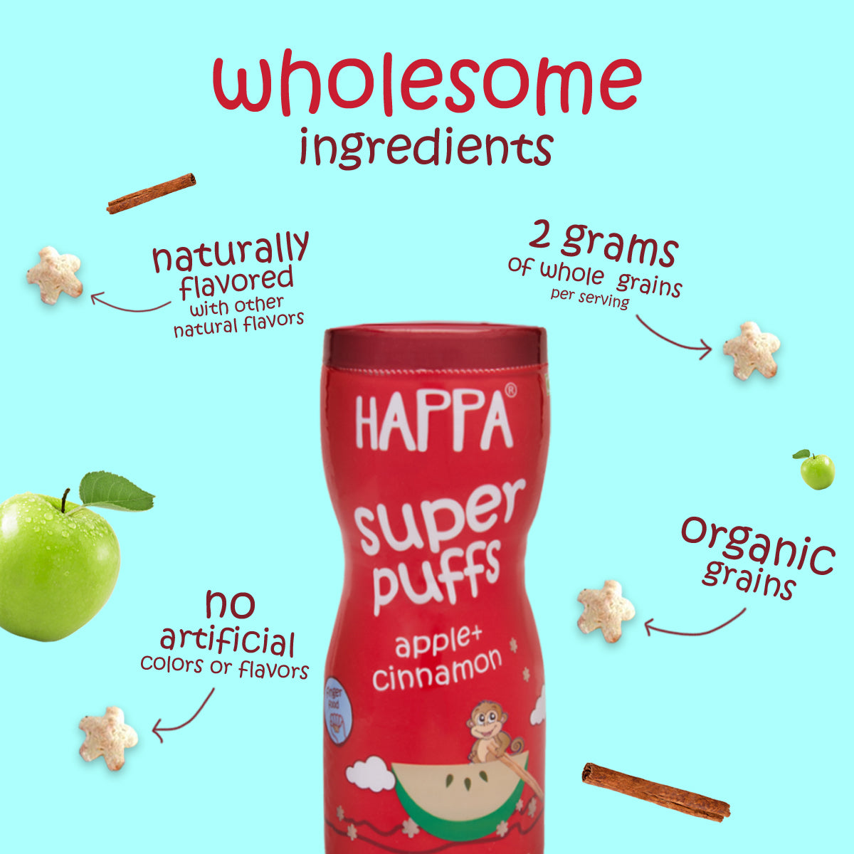 Happa Baby Puffs | Apple Cinnamom Flavour | Made with Organic Ingredients | Melt-in-the-Mouth, Supports Self-Feeding & Baby-Led Weaning | No Artificial Flavours or Colours | Stage 2 (8 Months+) | Pack of 1 (40g Pack)