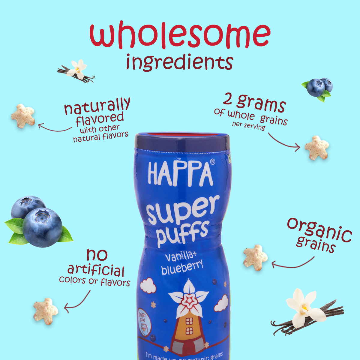 Happa Baby Puffs | Vanilla Blueberry Flavour | Made with Organic Ingredients | Melt-in-the-Mouth, Supports Self-Feeding & Baby-Led Weaning | No Artificial Flavours or Colours | Stage 2 (8 Months+) | Pack of 1 (40g Pack)