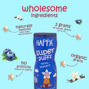Happa Baby Puffs | Vanilla Blueberry Flavour | Made with Organic Ingredients | Melt-in-the-Mouth, Supports Self-Feeding & Baby-Led Weaning | No Artificial Flavours or Colours | Stage 2 (8 Months+) | Pack of 1 (40g Pack)