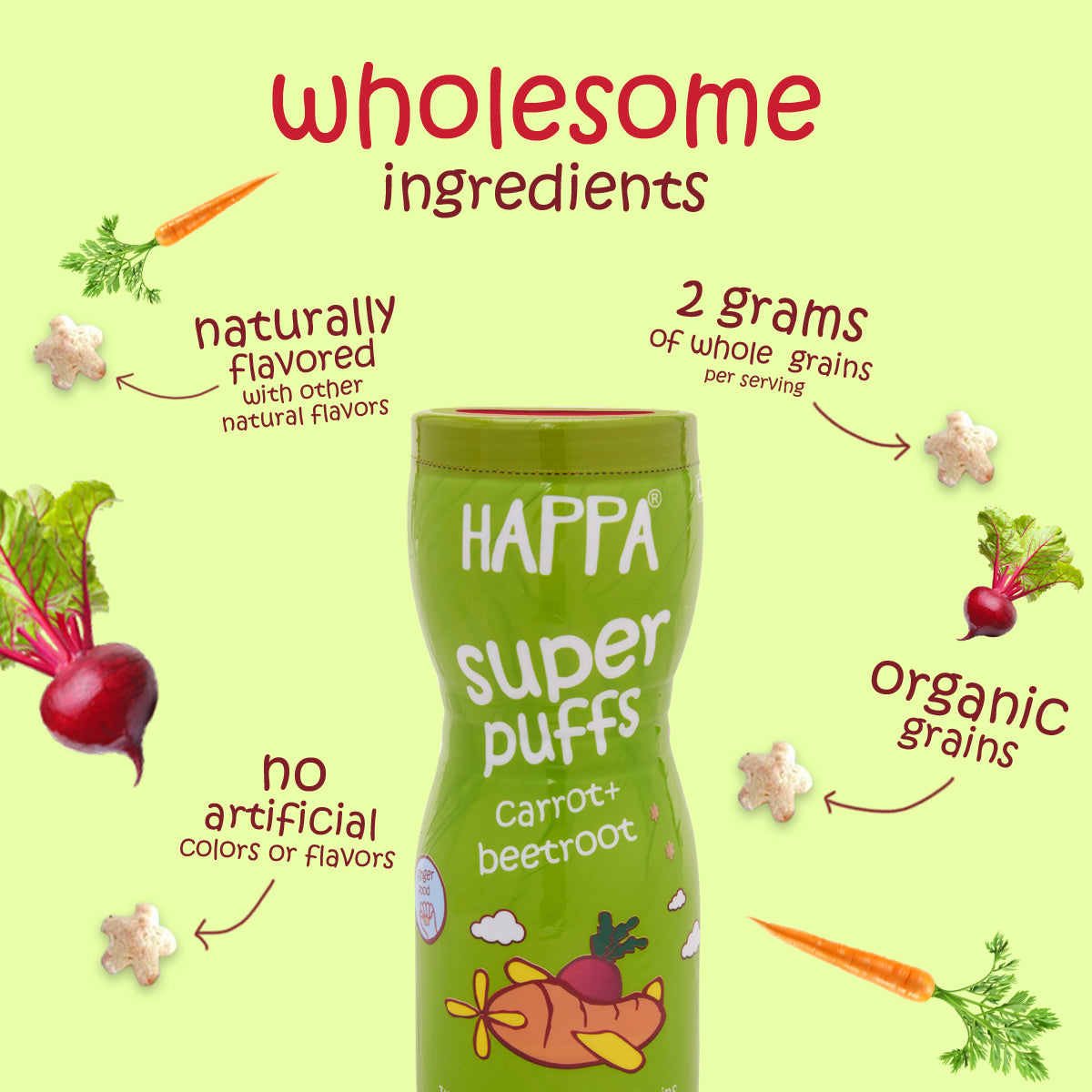 Happa Baby Puffs | Carrot Beetroot Flavour | Made with Organic Ingredients | Melt-in-the-Mouth, Supports Self-Feeding & Baby-Led Weaning | No Artificial Flavours or Colours | Stage 2 (8 Months+) | Pack of 1 (40g Pack)