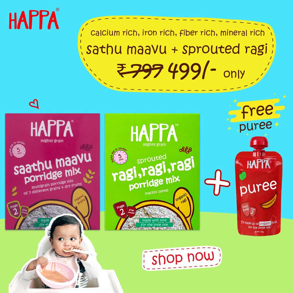 Discover the best infant cereal packed with nutrients of saathu maavu and ragi, Organic baby foods for 8-month-old for your little one by Happafoods