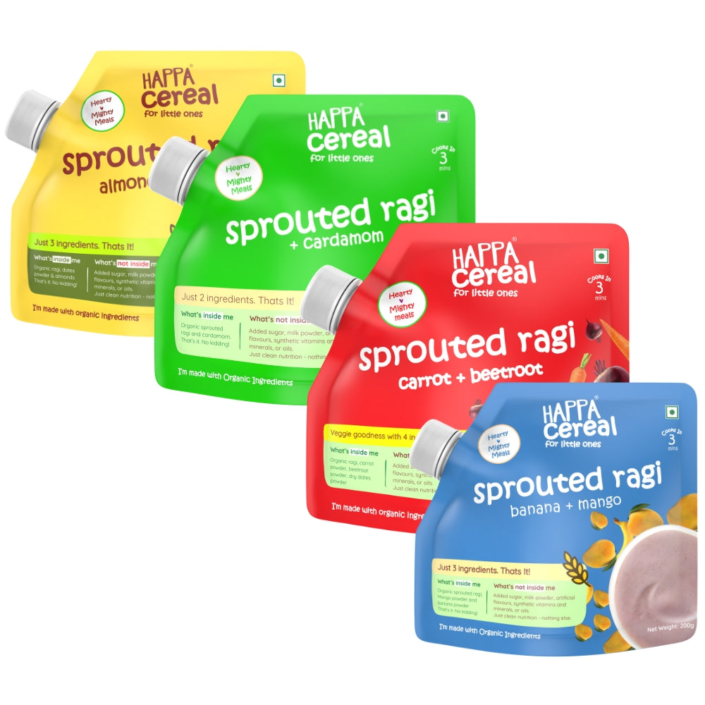 Happa Ragi Cereal for Babies | Only 3 Ingredients | No Sugar, Oil, Milk Powder, Flavours or Colours | Traditional Porridge Recipe | Cooks in 3 Minutes | Stage 2 (6 Months+) | Pack of 4 (200g Each)