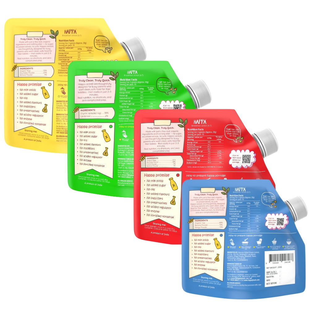 Happa Ragi Cereal for Babies | Only 3 Ingredients | No Sugar, Oil, Milk Powder, Flavours or Colours | Traditional Porridge Recipe | Cooks in 3 Minutes | Stage 2 (6 Months+) | Pack of 4 (200g Each)