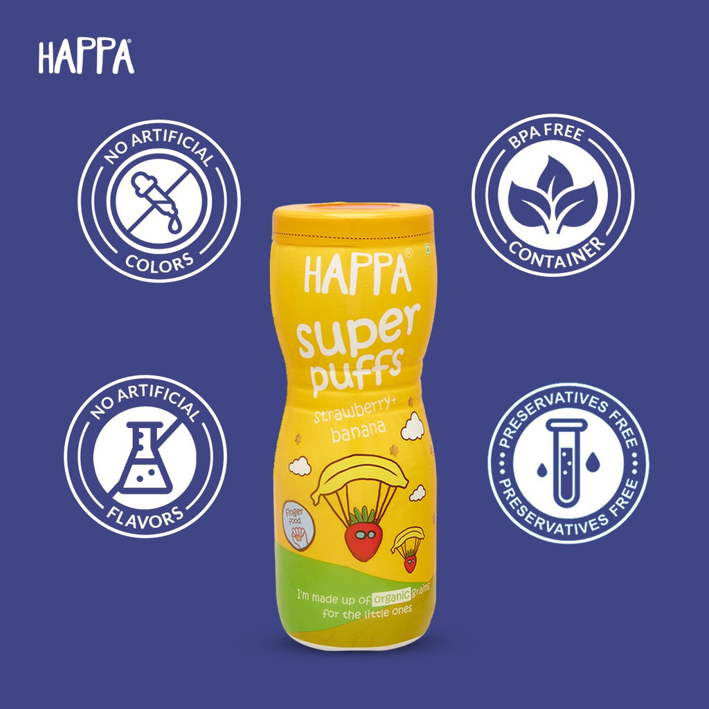 Happa Multigrain Vanilla & Blueberry, Apple & Cinnamon Melts Super Puffs (Healthy Organic Snack for Little One, 8 Months+, 1 Each) Pack of 2 - Happafoods