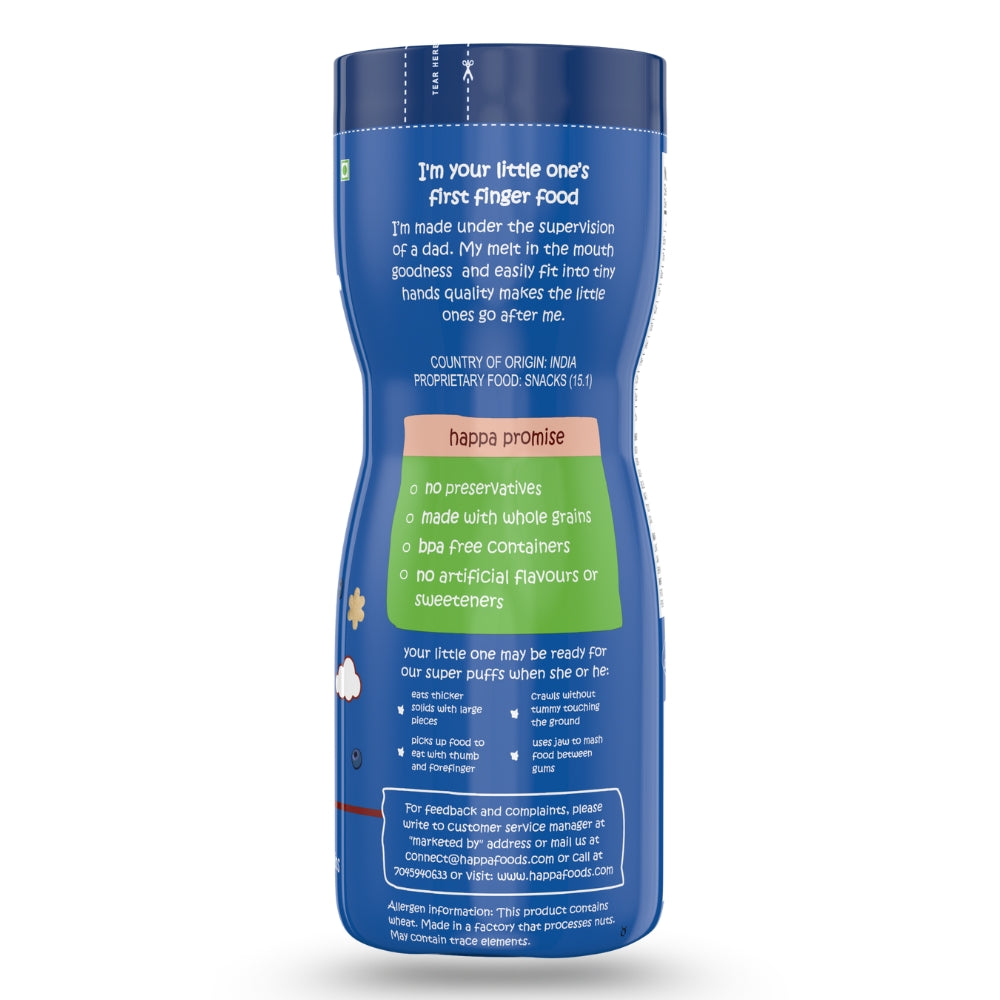 Happa Baby Puffs | Vanilla Blueberry Flavour | Made with Organic Ingredients | Melt-in-the-Mouth, Supports Self-Feeding & Baby-Led Weaning | No Artificial Flavours or Colours | Stage 2 (8 Months+) | Pack of 1 (40g Pack)