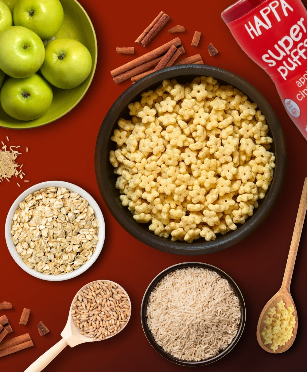 Happa Baby Puffs | Apple Cinnamom Flavour | Made with Organic Ingredients | Melt-in-the-Mouth, Supports Self-Feeding & Baby-Led Weaning | No Artificial Flavours or Colours | Stage 2 (8 Months+) | Pack of 1 (40g Pack)