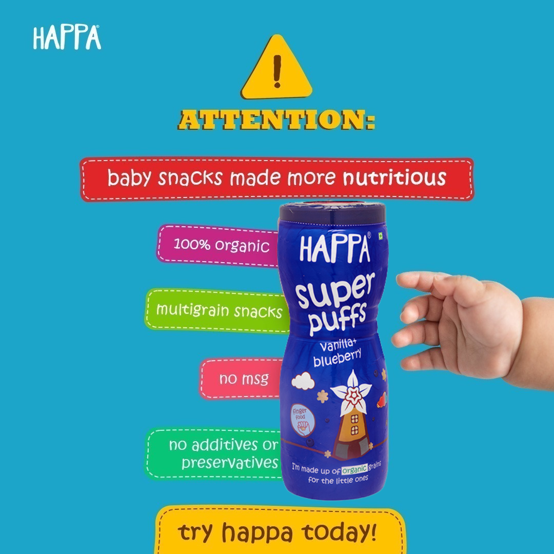 Happa Baby Puffs | Vanilla Blueberry Flavour | Made with Organic Ingredients | Melt-in-the-Mouth, Supports Self-Feeding & Baby-Led Weaning | No Artificial Flavours or Colours | Stage 2 (8 Months+) | Pack of 1 (40g Pack)
