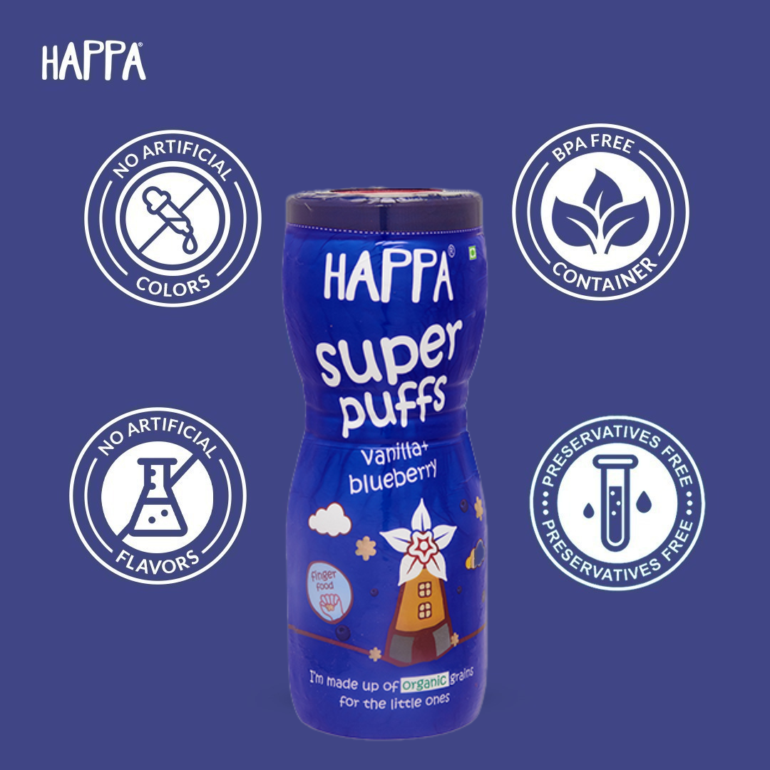 Happa Baby Puffs | Vanilla Blueberry Flavour | Made with Organic Ingredients | Melt-in-the-Mouth, Supports Self-Feeding & Baby-Led Weaning | No Artificial Flavours or Colours | Stage 2 (8 Months+) | Pack of 1 (40g Pack)
