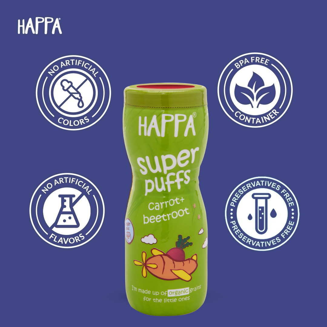 Happa Baby Puffs | Carrot Beetroot Flavour | Made with Organic Ingredients | Melt-in-the-Mouth, Supports Self-Feeding & Baby-Led Weaning | No Artificial Flavours or Colours | Stage 2 (8 Months+) | Pack of 1 (40g Pack)