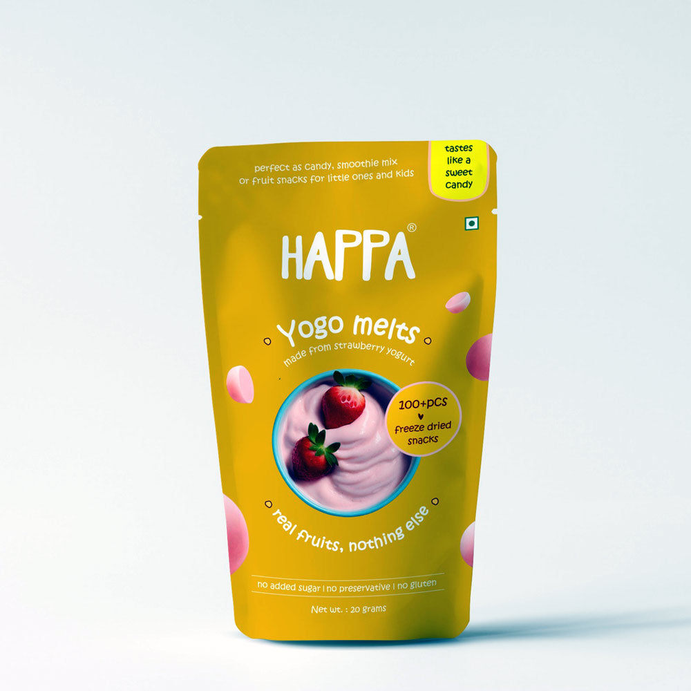 Healthy baby finger food snack: happa strawberry yogurt melts pouch, perfect for 8 month olds.