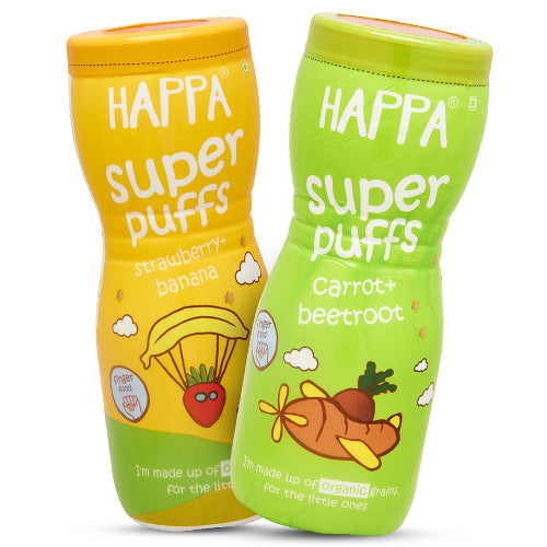 Happa Multigrain Strawberry Banana & Carrot Beetroot Melts Super Puffs (Healthy Organic Snack for Little One, 8 Months+) Pack of 2 - Happafoods