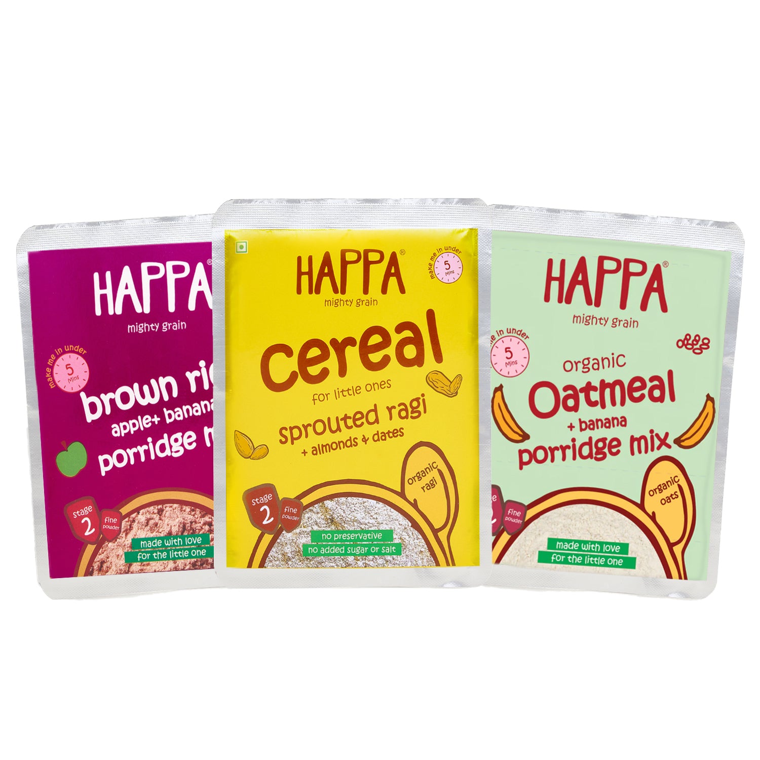 Trial Pack of Cereal (Ragi Almonds Dates Cereal + Oatmeal Banana Cereal + Brown Rice Apple Banana Cereal), 50 Gram Each , 6 month + - Happafoods